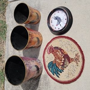 Rooster Themed Package - Set of 3 Waste Baskets, Clock, and Decorative Rug